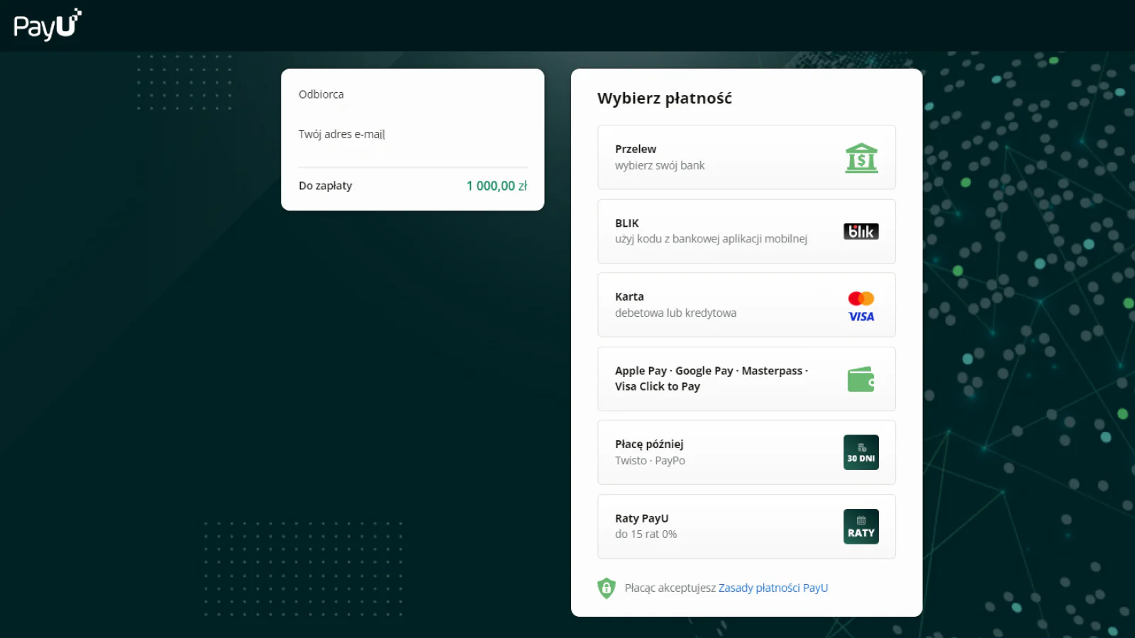 PayU dla Shopify. Obraz przedstawia interfejs płatności PayU, dostawcę usług płatniczych.