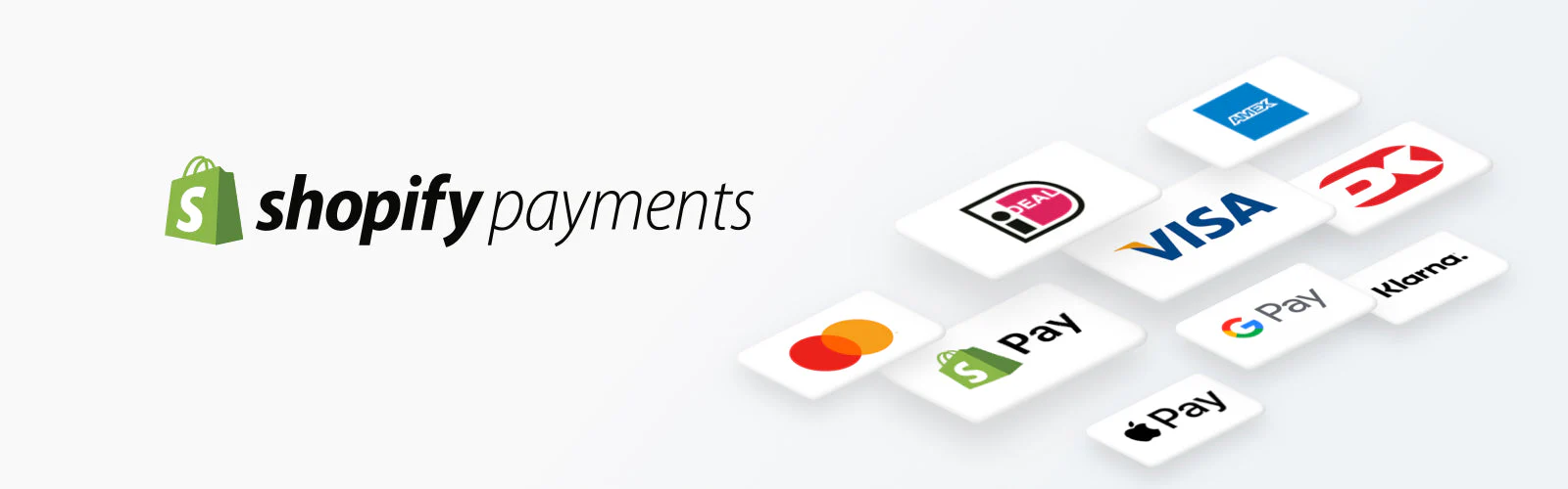 Obraz przedstawia logo Shopify Payments oraz ikony różnych metod płatności. Po lewej stronie znajduje się logo Shopify z zieloną torbą i białą literą 