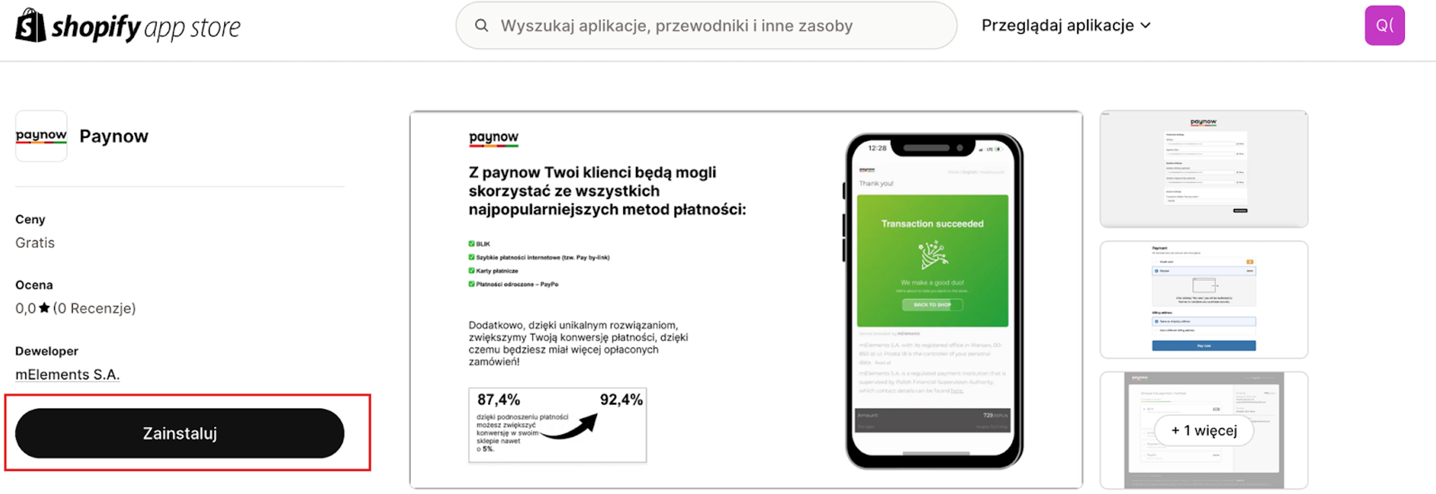 Płatności od Paynow dla Shopify, ścieżka instalacji w sklepie