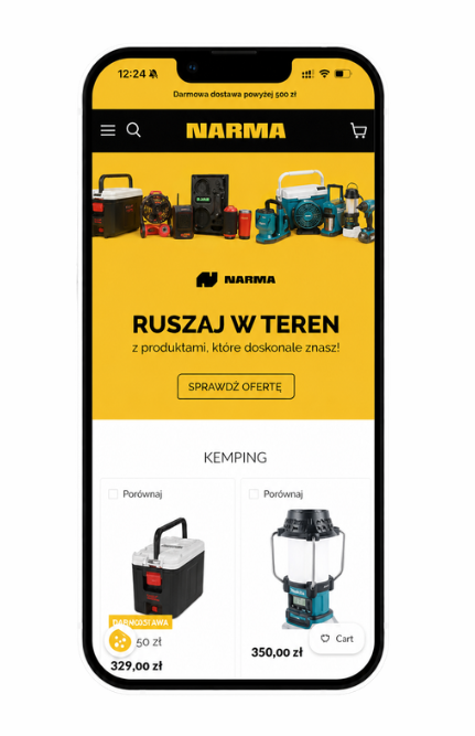Screenshot_4 Narma – mobilna wersja sklepu z banerem Ruszaj w teren i sekcją Kemping