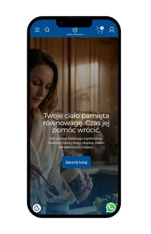 Klinika Kwantowa – sklep na telefonie Mobilny widok sklepu Kliniki Kwantowej na ekranie telefonu
