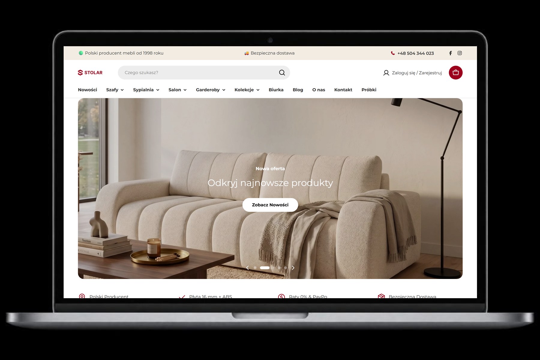 Stolar Meble – sklep Shopify na laptopie Sklep stolarmeble.pl na Shopify – strona główna na laptopie